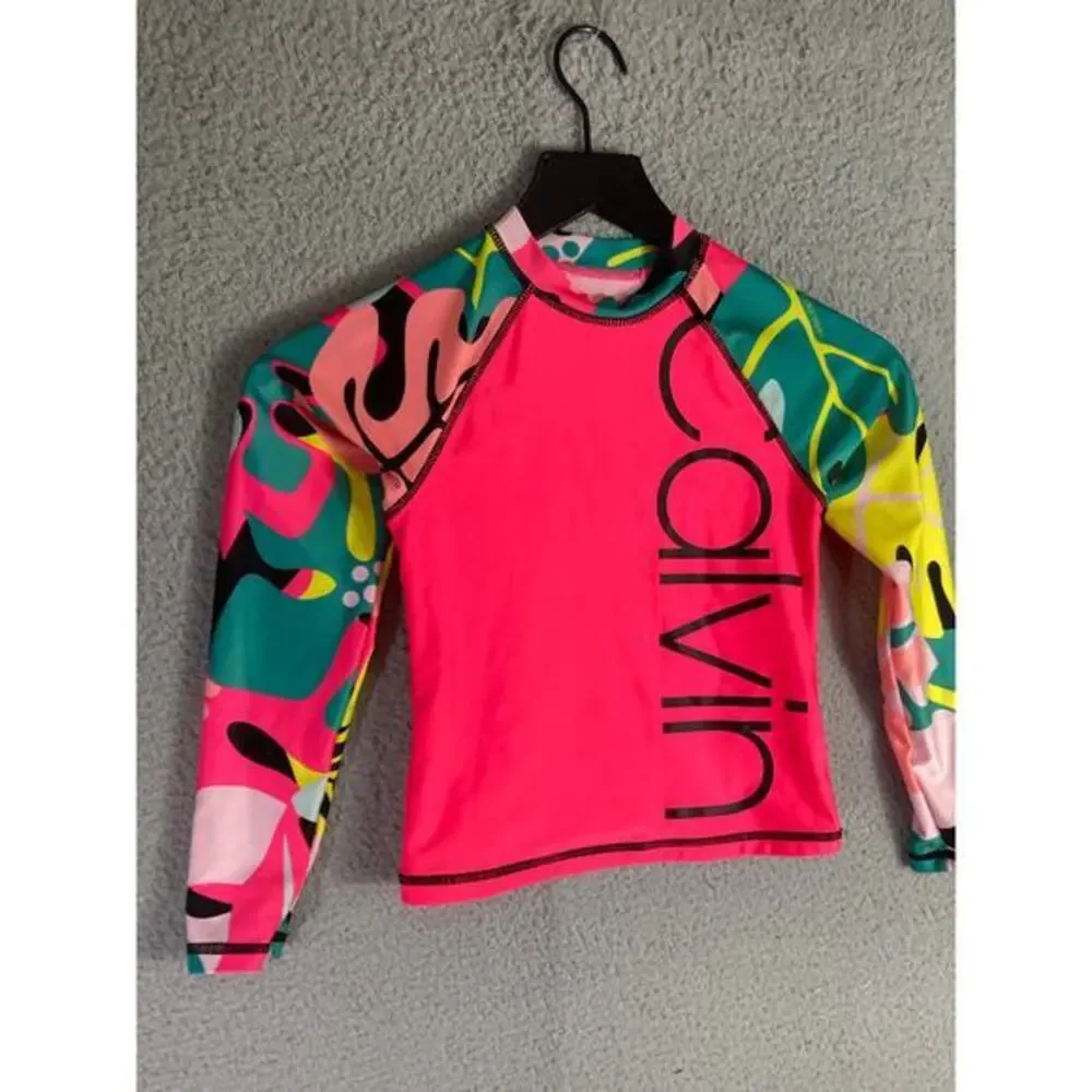 Calvin Klein Girls Rash Guard Swim Top S Pink Long Sleeve UV Protection 7 Beach